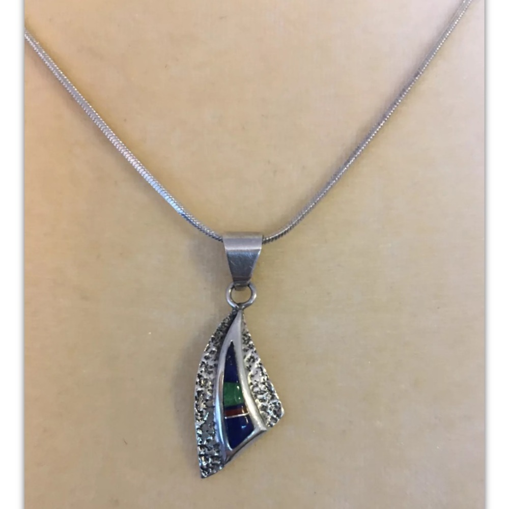 SW Native American  Signed EH Sterling Lapis Coral Pendant Necklace 20” 10 Gram